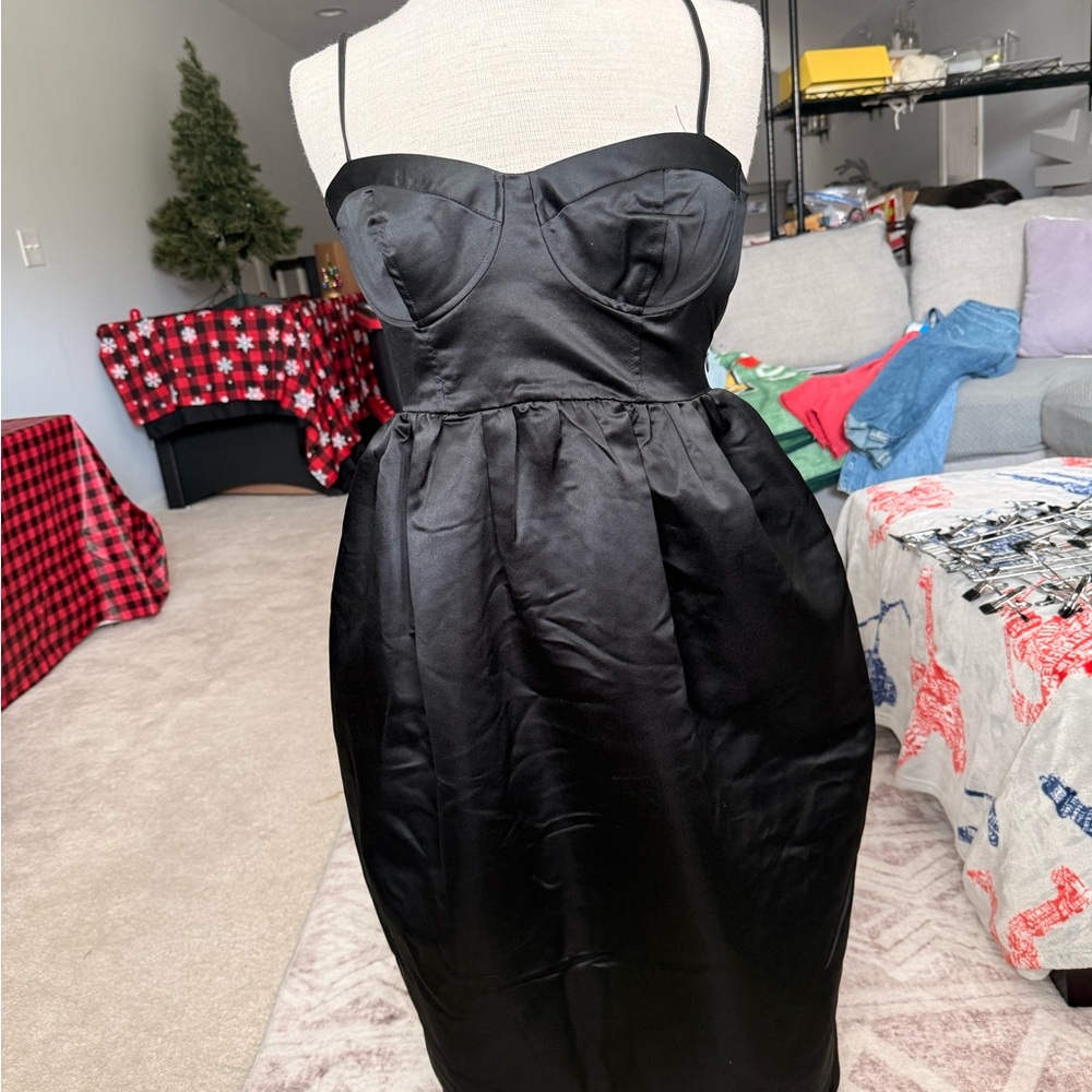 Classic Black Satin Strapless Cocktail Dress